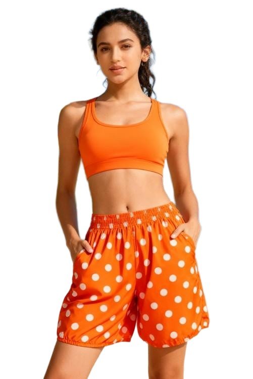 Orange Polka Dot High-Waisted Shorts with Sports Bra