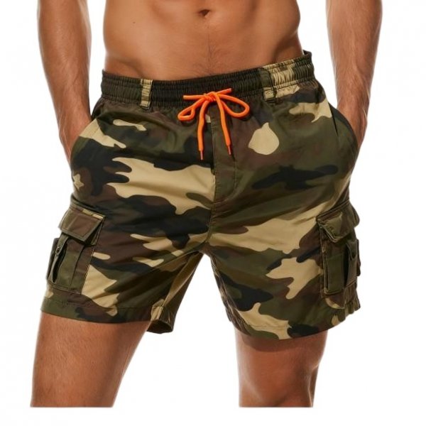 Men's Camouflage Cargo Swim Shorts with Orange Drawstring