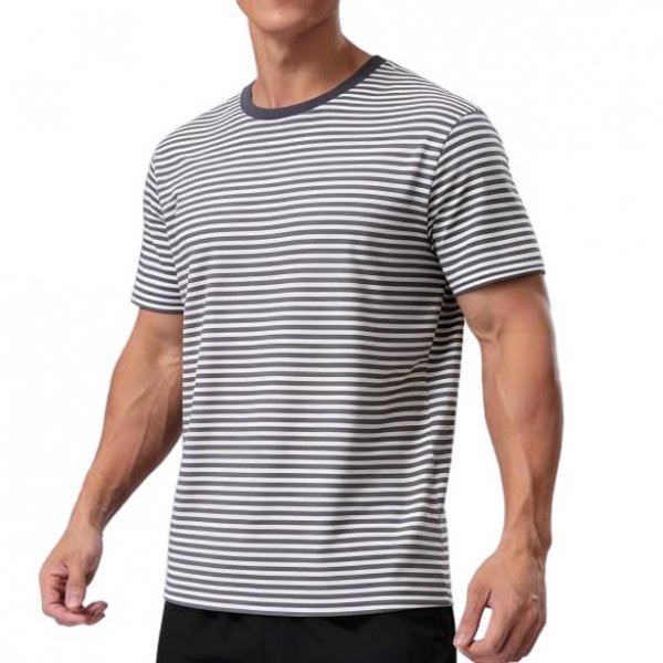 Men's Grey and White Striped Short-Sleeve T-Shirt